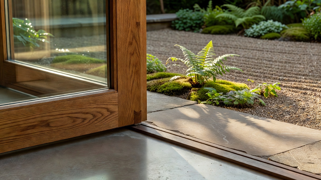 Close-up of a glazed extension’s timber frame, glass edge and carefully finished garden threshold