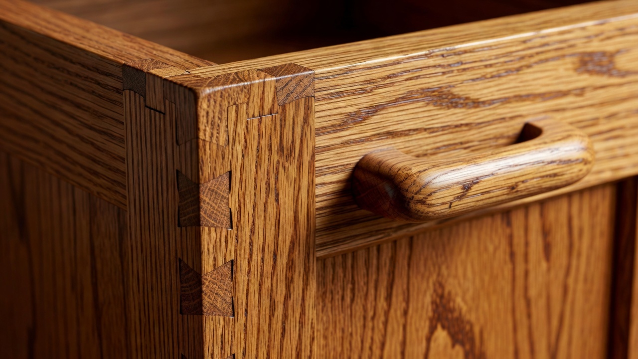 Close view of a hand-finished oak cabinet corner with a precise joint and softly rounded handle