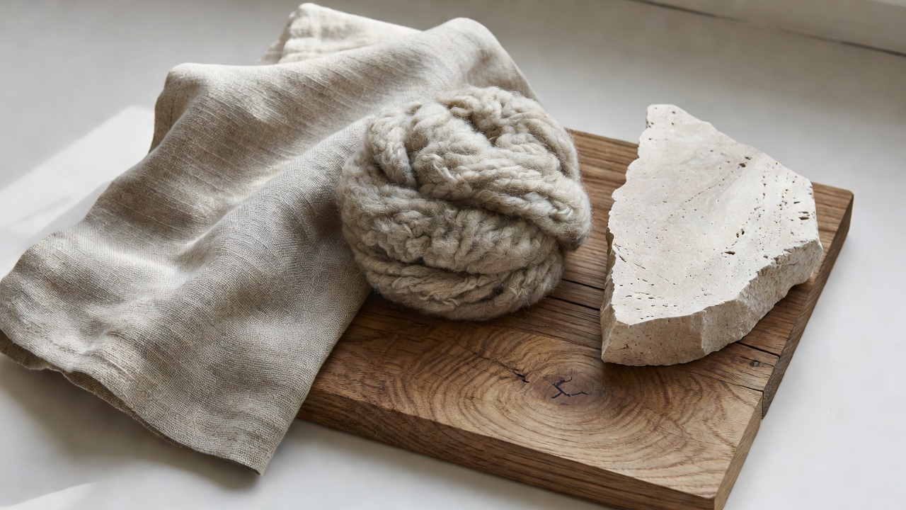 Linen and wool samples beside oak grain and a pale stone fragment in soft daylight