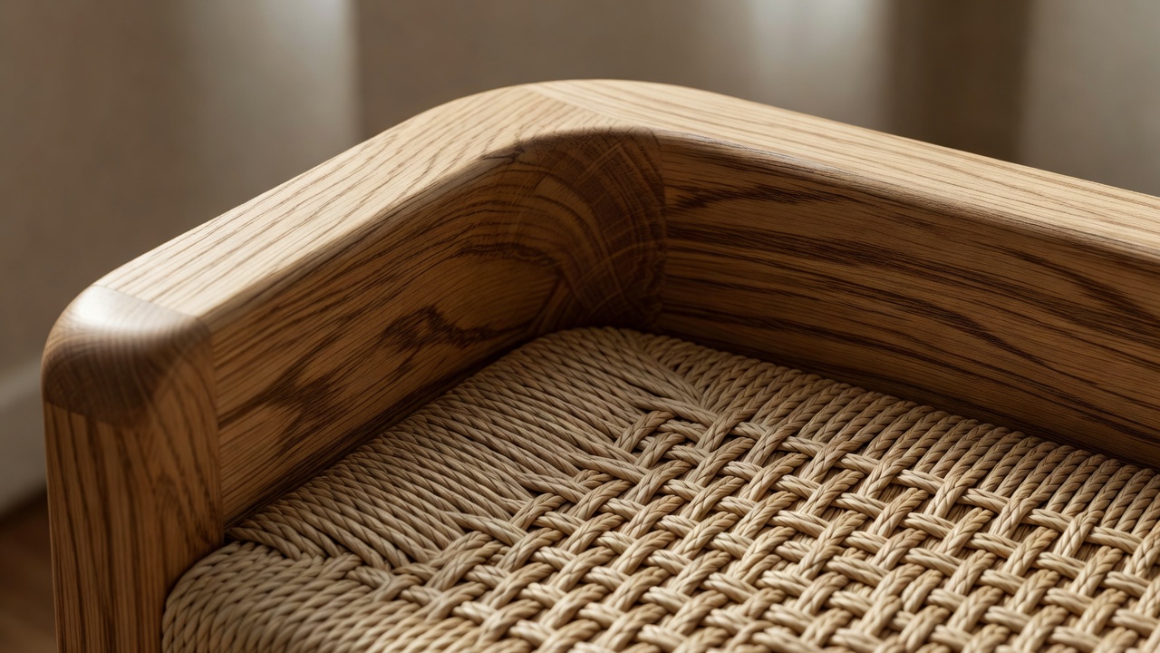 Close-up of an oak chair rail, rounded joint and tightly woven natural seat