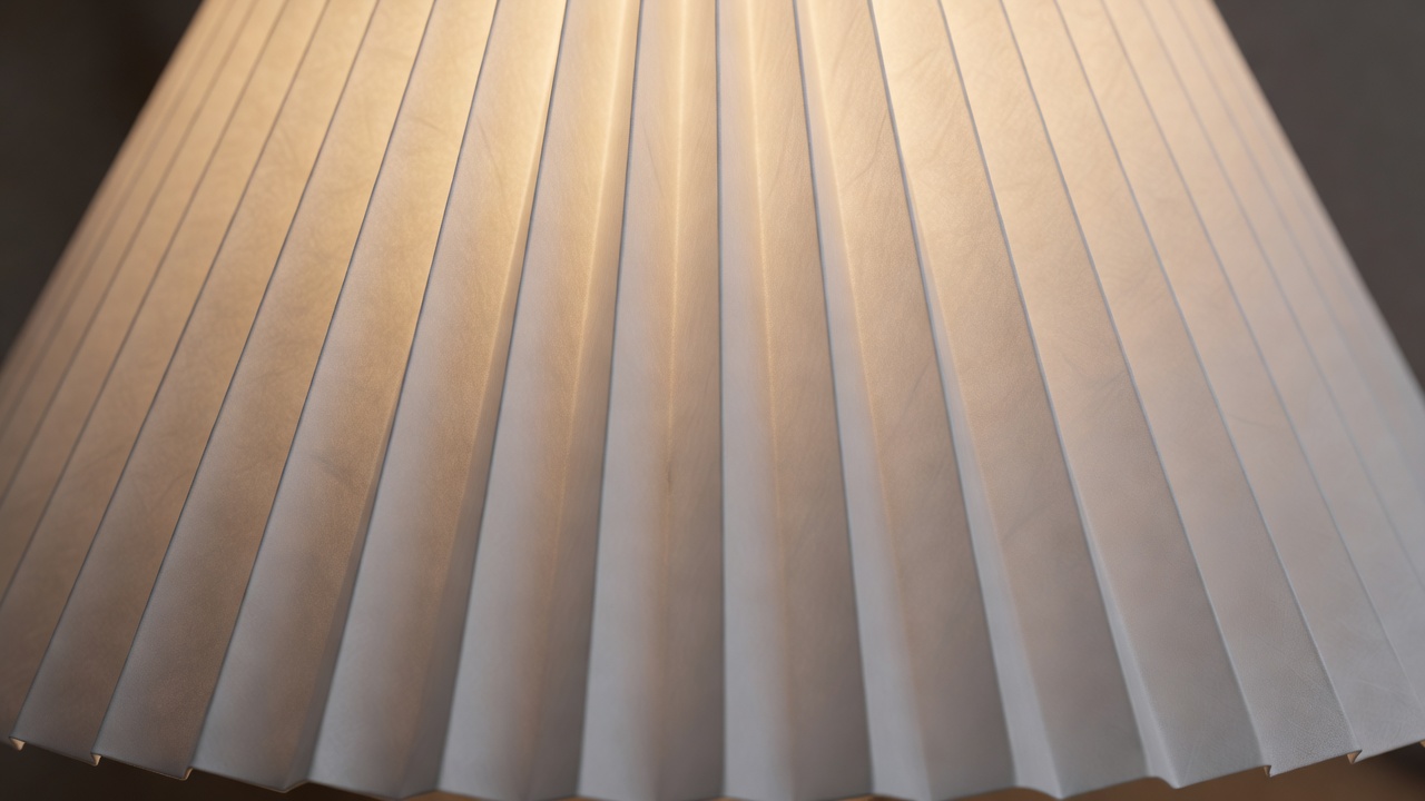 Pleated paper lampshade showing a gentle transition from glowing folds to soft shadow